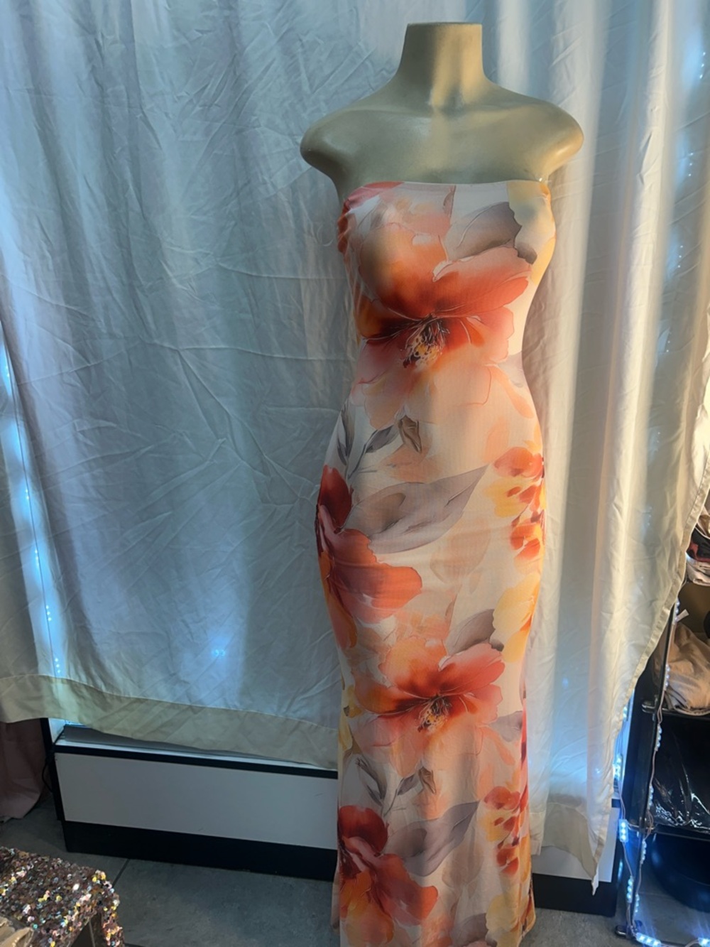Strapless Floral Maxi Dress in Orange Bloom